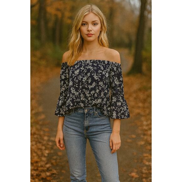 Likely Floral Off Shoulder Blouse Medium Flare Sleeve Navy Blue Boho Whimsy - Picture 1 of 8